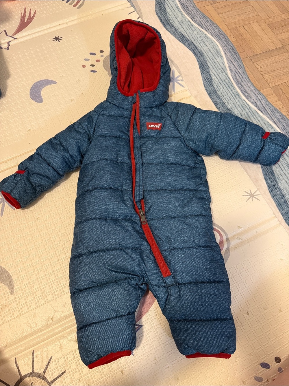 Levi's Navy Blue Puffer Baby Snowsuit with Red Trim